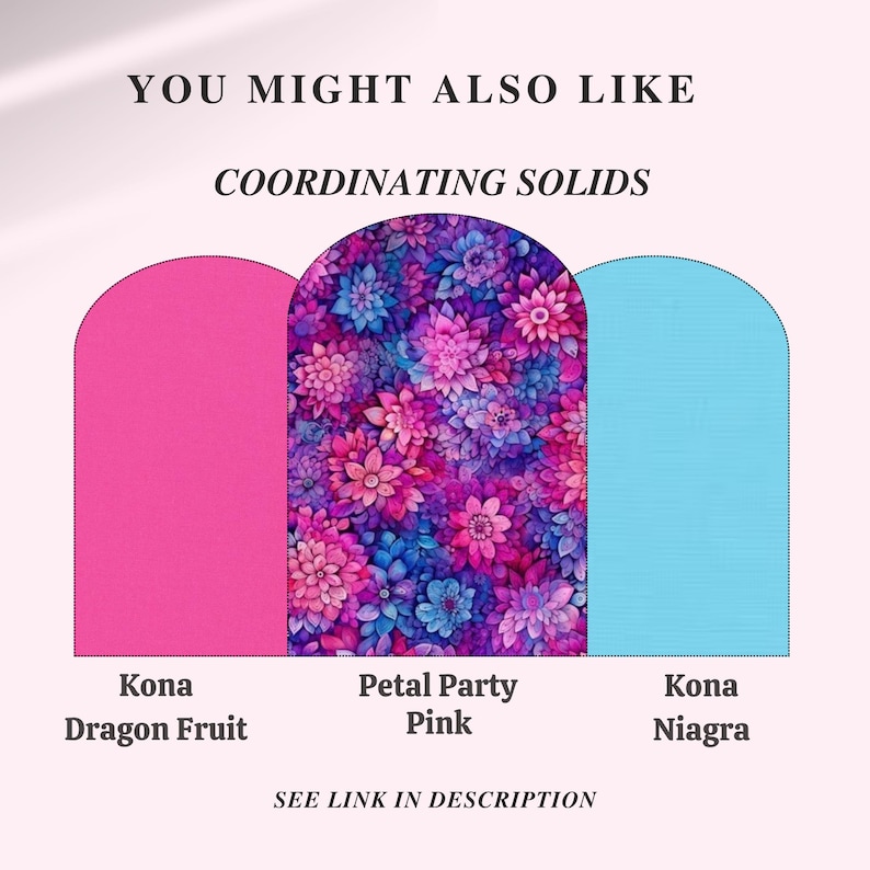 Op de afbeelding: Drie boogvormige stofstalen met de teksten YOU MIGHT ALSO LIKE en COORDINATING SOLIDS. Links een effen roze genaamd Kona Dragon Fruit, in het midden een bloemenpatroon genaamd Petal Party Pink en rechts een effen blauw genaamd Kona Niagra.