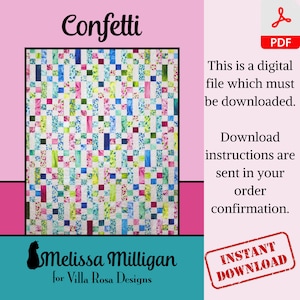 Könnte beinhalten: Ein digitales Download-Muster für eine Quilt namens "Confetti" von Melissa Milligan für Villa Rosa Designs. Der Quilt besteht aus bunten Quadraten in verschiedenen Farben, darunter Pink, Blau, Grün und Weiß.