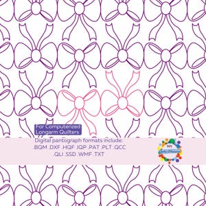 Pode incluir: Padrão de quilting digital com um design repetitivo de laços em tons de roxo e rosa sobre fundo branco. Texto: "Para quilteiras de braço longo computadorizadas" e formatos de arquivo.