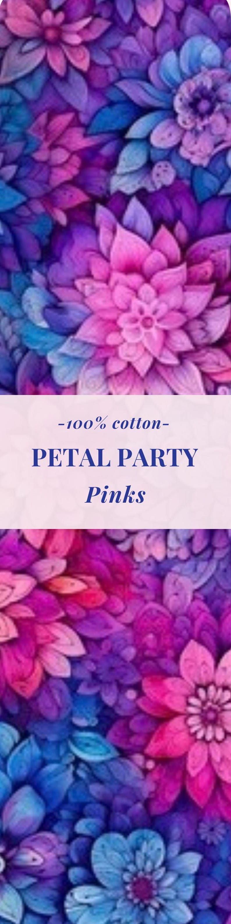 Op de afbeelding: Een stofstaal met een dicht bloemenpatroon in tinten roze, paars en blauw. De tekst -100% cotton- PETAL PARTY Pinks is in donkerblauw op een lichte achtergrond in het midden van de afbeelding gedrukt.