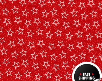 May include: A red fabric featuring a repeating pattern of white outlined stars and small white dots scattered across the surface. The design is uniform and covers the entire visible area of the textile material in a consistent arrangement.