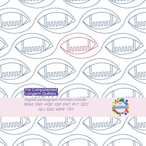May include: A repeating pattern of blue and red football shapes on a white background. The design includes the text "For Computerized Longarm Quilters" and a list of digital pantograph formats. The logo "MN Quality Pleasures" is also visible.