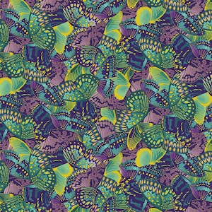 May include: A repeating pattern featuring numerous butterflies in shades of deep purple, teal, and bright yellow. The butterflies are densely packed, overlapping each other to create a continuous, intricate design with detailed wing markings.