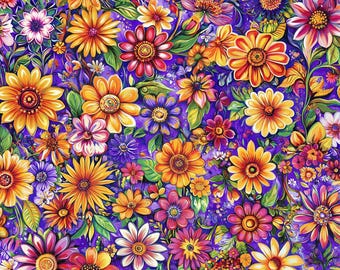 Floral Design Quilting Cotton Fabric Daisy Pattern Botanical Print Wildflower Summer Collection Sewing Project Quilt Retro Groovy Garden