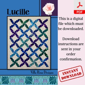May include: A digital download pattern for a quilt called "Lucille" by Villa Rosa Designs. The quilt features a geometric pattern of blue, green, and purple arrows on a white background.