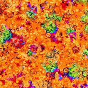 May include: A vibrant, abstract floral pattern in shades of orange, red, green, purple, and yellow. The design features swirling lines and stylized flowers, creating a dynamic and colorful composition. The overall effect is reminiscent of a painted artwork.