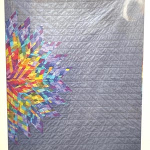 May include: A quilt titled "Luminary" by Jamie Swanson, measuring 42 x 55 inches. The quilt features a large, colorful starburst design on the left side, with a gradient of colors including red, yellow, blue, and purple. The background is a solid gray.