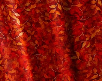 May include: A fabric featuring a dense, repeating pattern of small, stylized leaves in shades of orange, gold, and yellow set against a deep, mottled red background. The material displays soft, vertical folds that create subtle light and shadow.