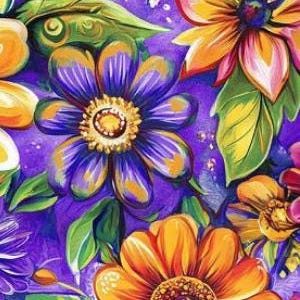 Summer Floral Collection Premium Cotton Fabric Digital Print Design Quilting Material Purple Background Pattern Daisy Wildflower Textile Garden Inspiration Sewing Project Essential Beautiful Botanical Print Professional Quality
