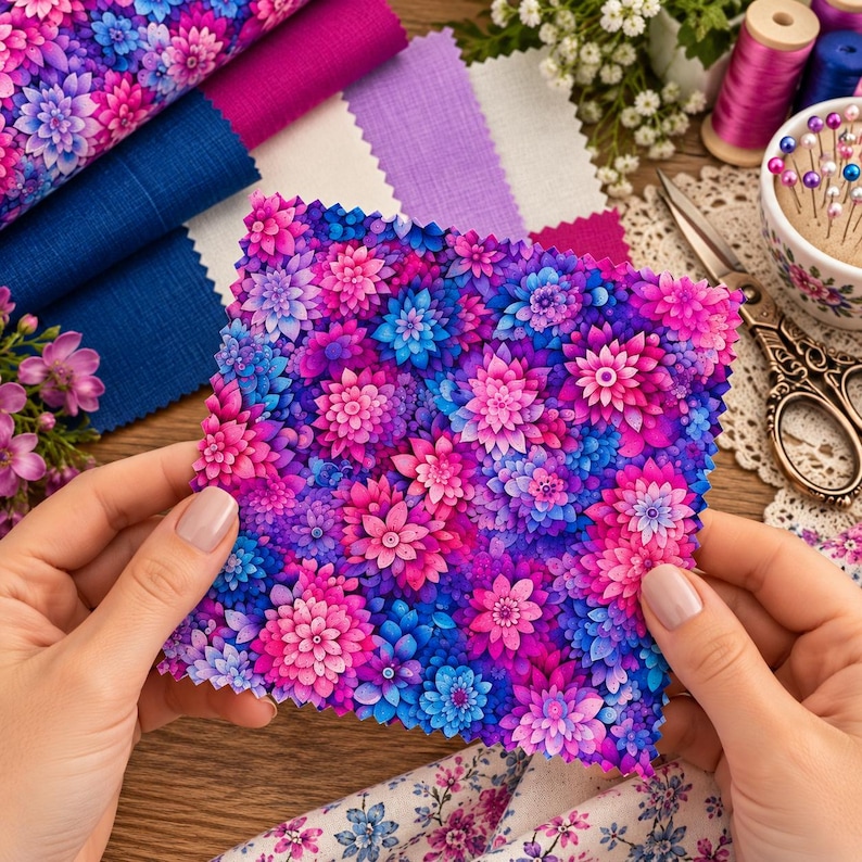 Op de afbeelding: Een vierkant stuk stof met een dicht, levendig patroon van gelaagde dahlia-achtige bloemen in tinten magenta, felroze, violet en helderblauw. Het textiel heeft een zichtbare geweven textuur en wordt vastgehouden voor andere stoffen.