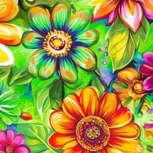Lime Green Background Bright Flower MultiColor Combed Cotton Digital Print Floral Quilting Fabric by the Half Yard Daisy Sunflower Summer 8
