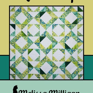 May include: Quickstep quilt pattern featuring a geometric design with green, blue, and white fabric. The pattern is by Melissa Milligan for Villa Rosa Designs.