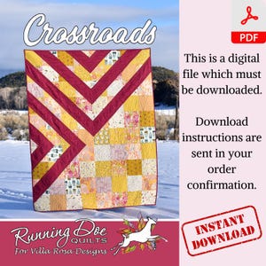 Könnte beinhalten: Ein digitales Quiltmuster namens "Crossroads" mit einem geometrischen Design in Rot und Gelb. Das Muster ist zum sofortigen Download verfügbar. Das Muster stammt von Running Doe Quilts für Villa Rosa Designs.