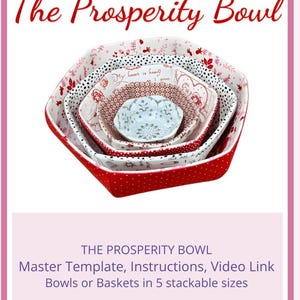 May include: A set of five nested fabric bowls in varying sizes, featuring red, white, and black patterns including polka dots, floral motifs, and text. The text reads: SO TREASURED BY JEAN PACCAGNAN, The Prosperity Bowl, and THE PROSPERITY BOWL.