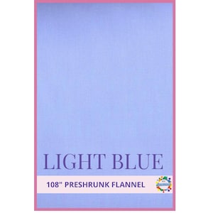 May include: A light blue preshrunk flannel fabric, framed by a pink border. The text "LIGHT BLUE" is displayed in a dark purple font, with "108" preshrunk flannel" below it.