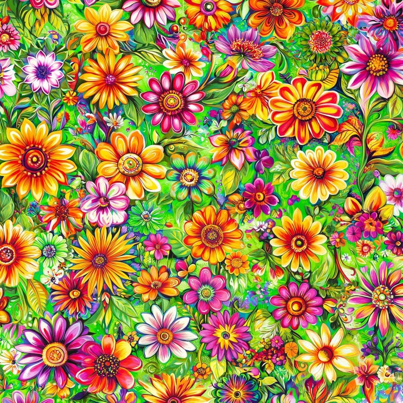 Lime Green Background Bright Flower MultiColor Combed Cotton Digital Print Floral Quilting Fabric by the Half Yard Daisy Sunflower Summer 8