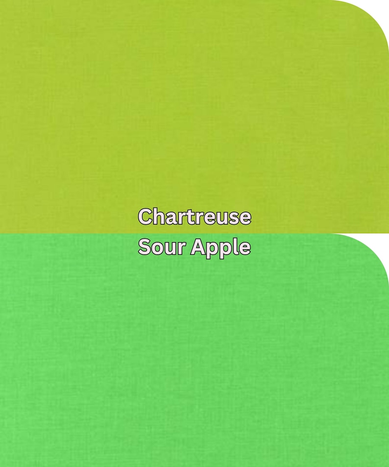Pu&ograve; includere: Due sezioni di tessuto a tinta unita, una chartreuse e una verde mela. Il testo "Chartreuse" e "Sour Apple" &egrave; visualizzato in bianco tra le due sezioni di tessuto. Il tessuto ha un aspetto strutturato.
