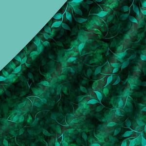 May include: A fabric featuring a dark emerald green and black mottled background with a repeating pattern of teal leaves on thin, winding stems. The design has a soft, watercolor-like texture with varying shades of green throughout the material.
