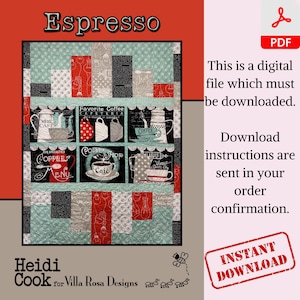Op de afbeelding: Een digitaal PDF-patroon voor een quilt met een koffieshop-thema. De quilt is gemaakt van verschillende vierkanten met verschillende koffiegerelateerde afbeeldingen en tekst, waaronder "Hotel Cafe", "Favorite Coffee Cafeteria", "Coffee Shop" en "Coffee". De quilt is in een teal, zwart, wit en rood kleurenschema.