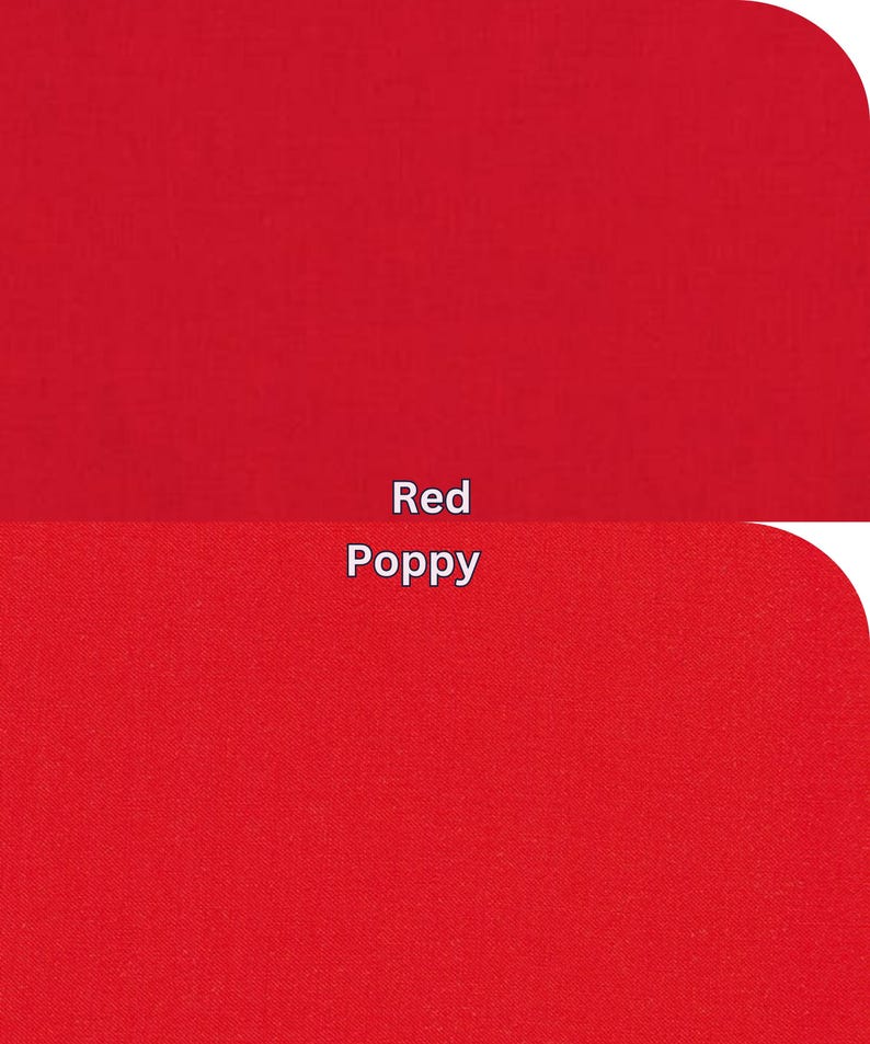 May include: A close-up of a fabric swatch in a vibrant red colour. The text "Red Poppy" is displayed in white, centered on the image. The fabric appears to have a subtle texture.