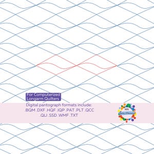 May include: Digital quilting design with a repeating wavy pattern in blue lines on a white background. A red diamond shape is in the center. Text includes "For Computerized Longarm Quilters" and a list of digital pantograph formats.