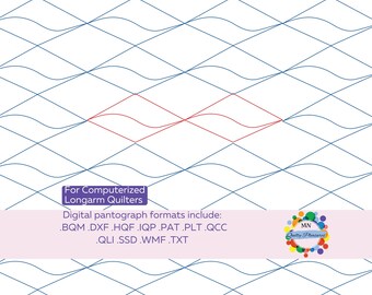 May include: Digital quilting design with a repeating wavy pattern in blue lines on a white background. A red diamond shape is in the center. Text includes "For Computerized Longarm Quilters" and a list of digital pantograph formats.