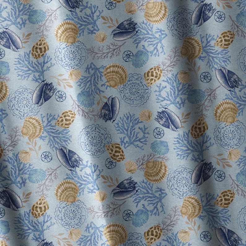 Light Blue Shells Nautical Print Beach Theme Fabric Quilting Cotton by ...