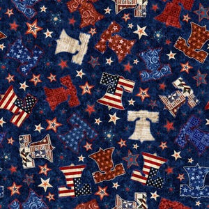 May include: A fabric pattern featuring a dark blue background with a repeating motif of Liberty Bell silhouettes and stars. The bells are decorated with various red, white, and blue patterns, including stripes, stars, and geometric textures.