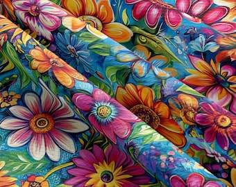 Turquoise Background Pink Yellow Orange Wild Flower Floral Fabric Digital Print Cotton Fabric by Half Yard Quilting Fabric Combed Cotton 1