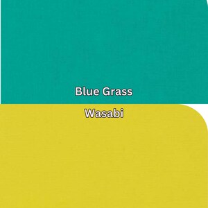 Pu&ograve; includere: Immagine divisa in due sezioni orizzontali. La sezione superiore &egrave; turchese, con l'etichetta "Blue Grass". La sezione inferiore &egrave; giallo-verde, con l'etichetta "Wasabi".