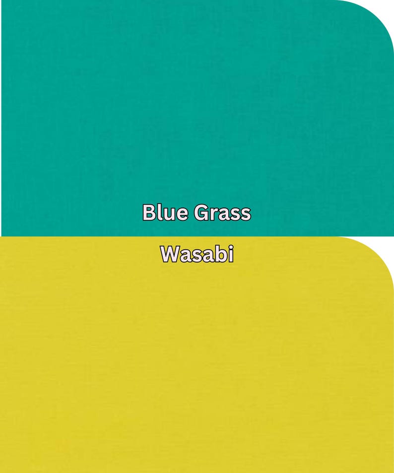 Pu&ograve; includere: Immagine divisa in due sezioni orizzontali. La sezione superiore &egrave; turchese, con l'etichetta "Blue Grass". La sezione inferiore &egrave; giallo-verde, con l'etichetta "Wasabi".