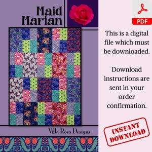 Puede incluir: Un patrón de quilt digital descargable llamado "Maid Marian". La colcha está hecha de cuadrados coloridos con patrones florales y de mariposas. El patrón está disponible para descarga instantánea.