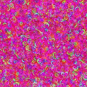 May include: A vibrant, abstract pattern featuring a dense arrangement of swirling, curly shapes in shades of pink, magenta, green, and blue. The design has a textured appearance, with a mix of bright and darker tones.