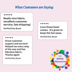 May include: Four customer reviews for a handmade business called "MN Quilty Pleasures". The reviews are positive and highlight the quality of the products and the excellent customer service.