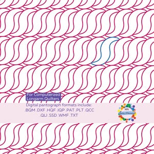 May include: A digital quilting pattern featuring a repeating design of connected, curved shapes in a deep pink color, set against a white background. The text "For Computerized Longarm Quilters" is visible, along with file format information.