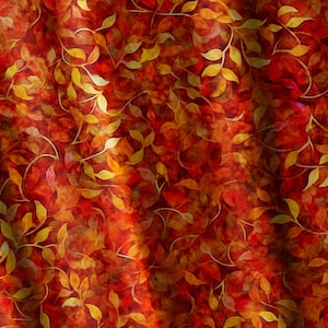 May include: A fabric featuring a dense, repeating pattern of stylized leaves in shades of vibrant yellow, orange, and deep red. The design creates a layered, textured appearance with overlapping foliage motifs across the entire surface.