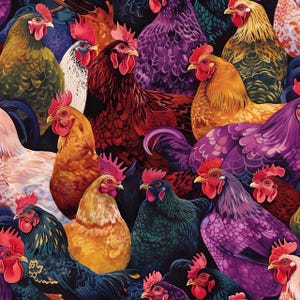 May include: A vibrant, colorful pattern featuring a multitude of roosters and hens. The image showcases a variety of breeds with plumage in shades of red, orange, yellow, green, purple, and black. The roosters have prominent red combs and wattles.