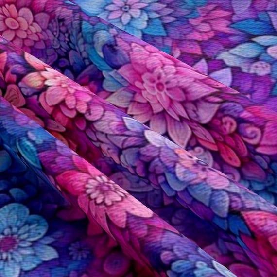 Floral Quilting Cotton Fabric Yardage Fat Quarter Botanical Print Flower Pattern Summer Textile Purple Pink Blue Design Garden Craft Sewing