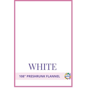 May include: White preshrunk flannel fabric with a pink border. The word "WHITE" is displayed in a stylized purple font. The text "108" preshrunk flannel" is below the word "WHITE". A colorful logo is in the bottom right corner.