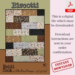 May include: A digital download pattern for a quilt called "Biscotti". The quilt features a variety of fabrics with mushroom and floral patterns in shades of brown, green, white, and black. The pattern is by Heidi Cook for Villa Rosa Designs.