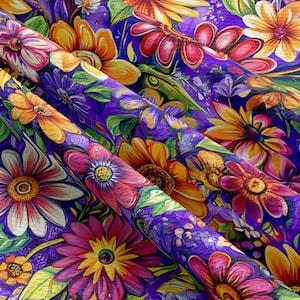 May include: A vibrant floral fabric featuring a rich purple background. The design showcases a variety of colorful flowers in shades of pink, orange, yellow, and white, with green leaves. The fabric is likely used for apparel or home decor.