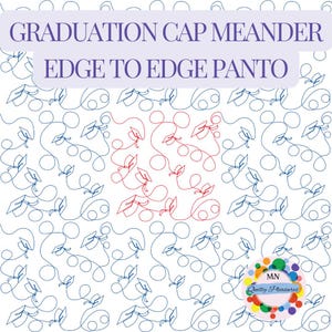 May include: A white background features a repeating pattern of graduation caps and leaves in blue and red. The text "GRADUATION CAP MEANDER EDGE TO EDGE PANTO" is displayed in a purple banner. A colorful logo is in the bottom right corner.