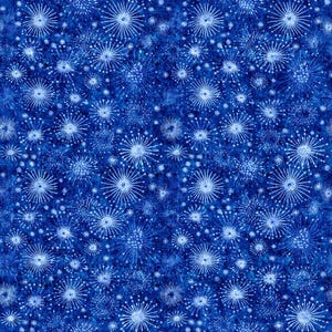 May include: A fabric with a repeating pattern of white starbursts on a deep blue background. The starbursts vary in size and density, creating a textured, all-over design. This textile is suitable for various craft and sewing projects.