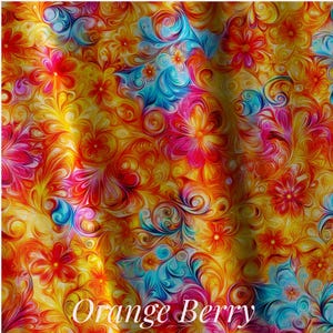 May include: A fabric featuring a vibrant, swirling pattern of orange, yellow, pink, and blue colors with stylized floral shapes throughout. The text "Orange Berry" is printed in white at the bottom center of the colorful, abstract design.