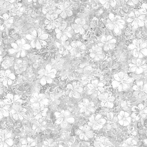 May include: A monochromatic surface pattern featuring a dense arrangement of five-petaled flowers in varying shades of white, light gray, and charcoal. The design includes textured paint-like splatters and brushstrokes throughout the background.