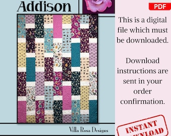 Padrão de colcha moderna Addison com design geométrico, ideal para decoração de quarto, patchwork, projeto para iniciantes, estilo moderno, PDF digital.