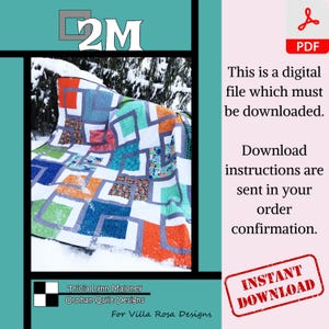 Peut inclure: Un motif de courtepointe coloré avec des carrés de différentes couleurs et motifs, notamment rouge, orange, bleu, vert et blanc. La courtepointe est pliée et posée sur une surface enneigée. Le texte "2M" est dans le coin supérieur gauche de l'image. Le texte "Tricia Lynn Maloney Orphan Quilt Designs For Villa Rosa Designs" est en bas de l'image. Le texte "INSTANT DOWNLOAD" est dans un cercle rouge dans le coin inférieur droit de l'image.