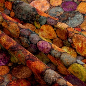 May include: A fabric featuring a repeating pattern of rounded river stones in various sizes. The stones display a warm color palette of burnt orange, deep red, golden yellow, and muted purple, with textured surfaces and dark gray shadows.