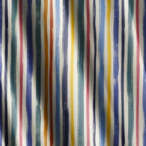 May include: A fabric featuring a vertical striped pattern with a brushstroke texture. The stripes alternate in colors including deep blue, teal, mustard yellow, soft pink, and orange, all set against a crisp white background.