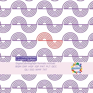 May include: A digital quilting pattern featuring a repeating design of purple and red semi-circles on a white background. The text "For Computerized Longarm Quilters" and a list of digital pantograph formats are included.